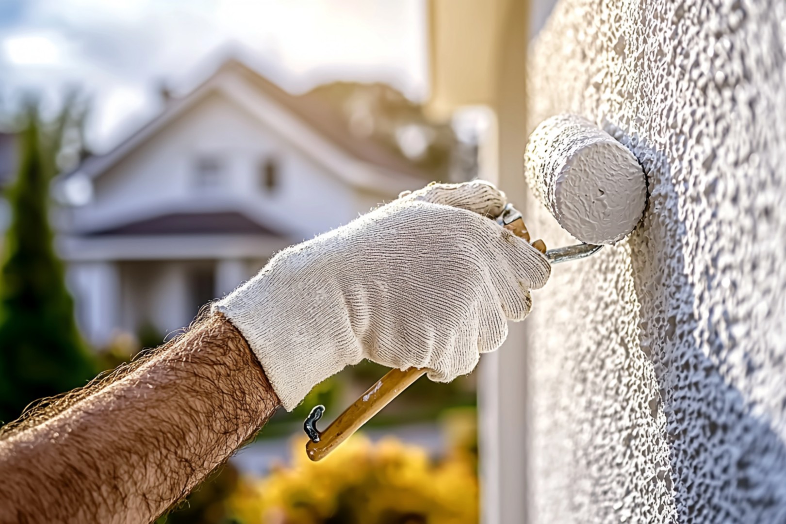 https://s.mj.run/9wga-GzZ3kM Close-up photo of a man's hand wearing a white glove painting the exterior wall using a roller, with a house in the background on a sunny day. The image has a bokeh effect, and the walls are painted white. This is a professional, high-quality photograph taken in natural light --ar 3:2 --quality 2 --v 6.1 Job ID: eb45b24e-bea8-4f1a-a10d-87cf1fb6ad01