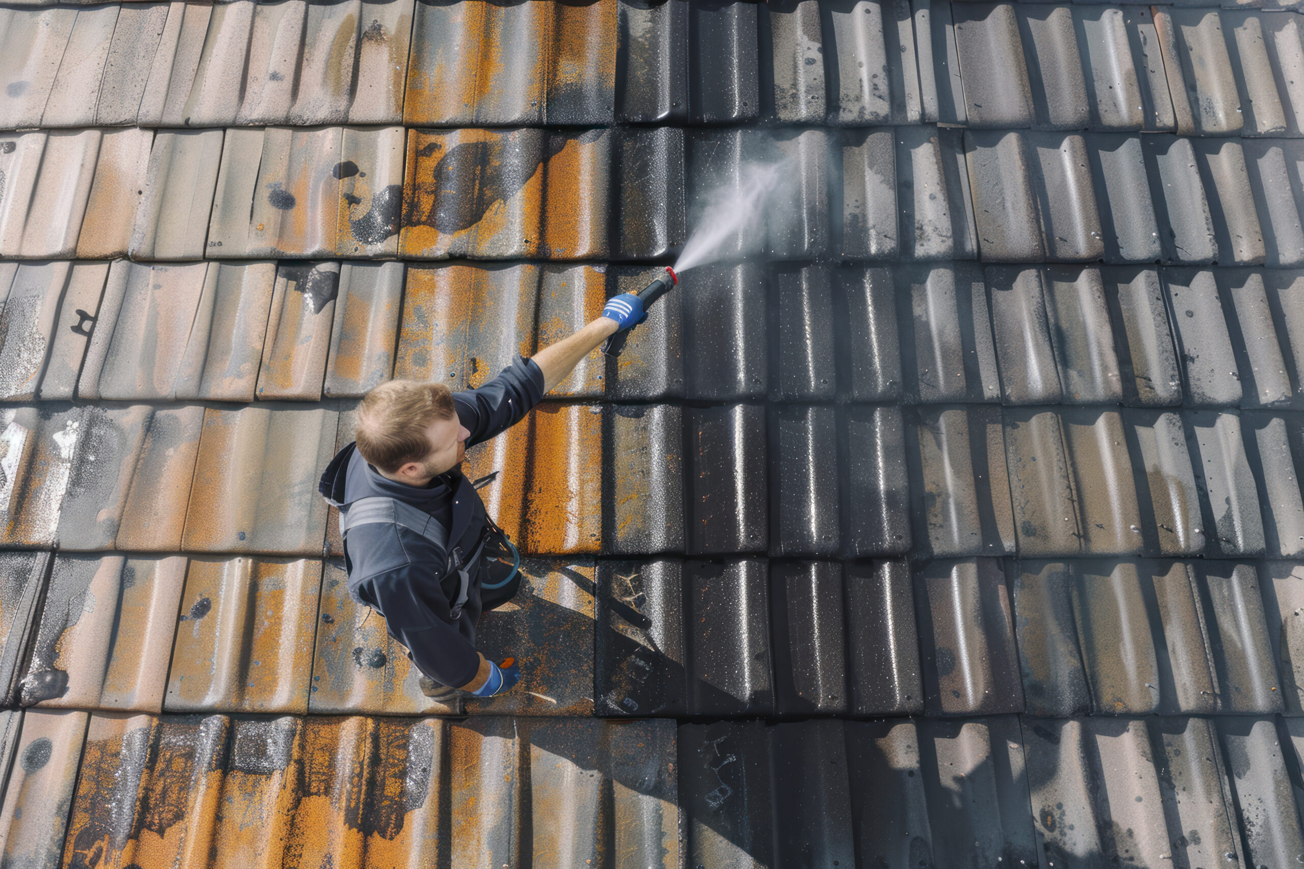 State of roof before and after washing with high pressure. Professional is wearing uniform and using equipment for cleaning.